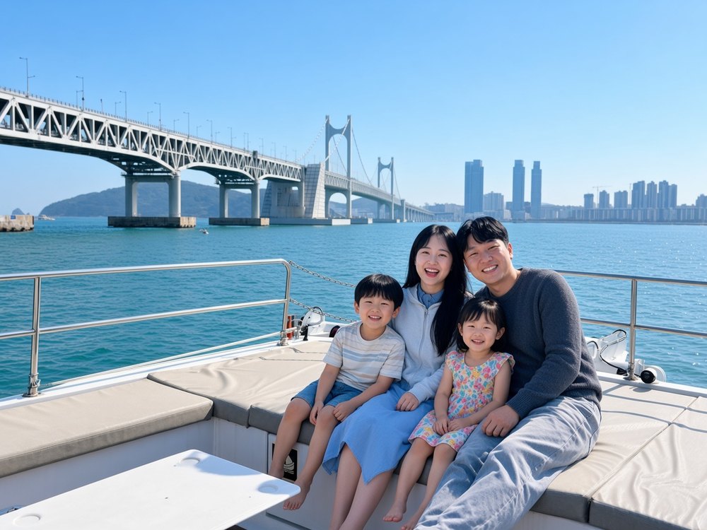 광안대교를 배경으로 크루즈에 탑승한 가족